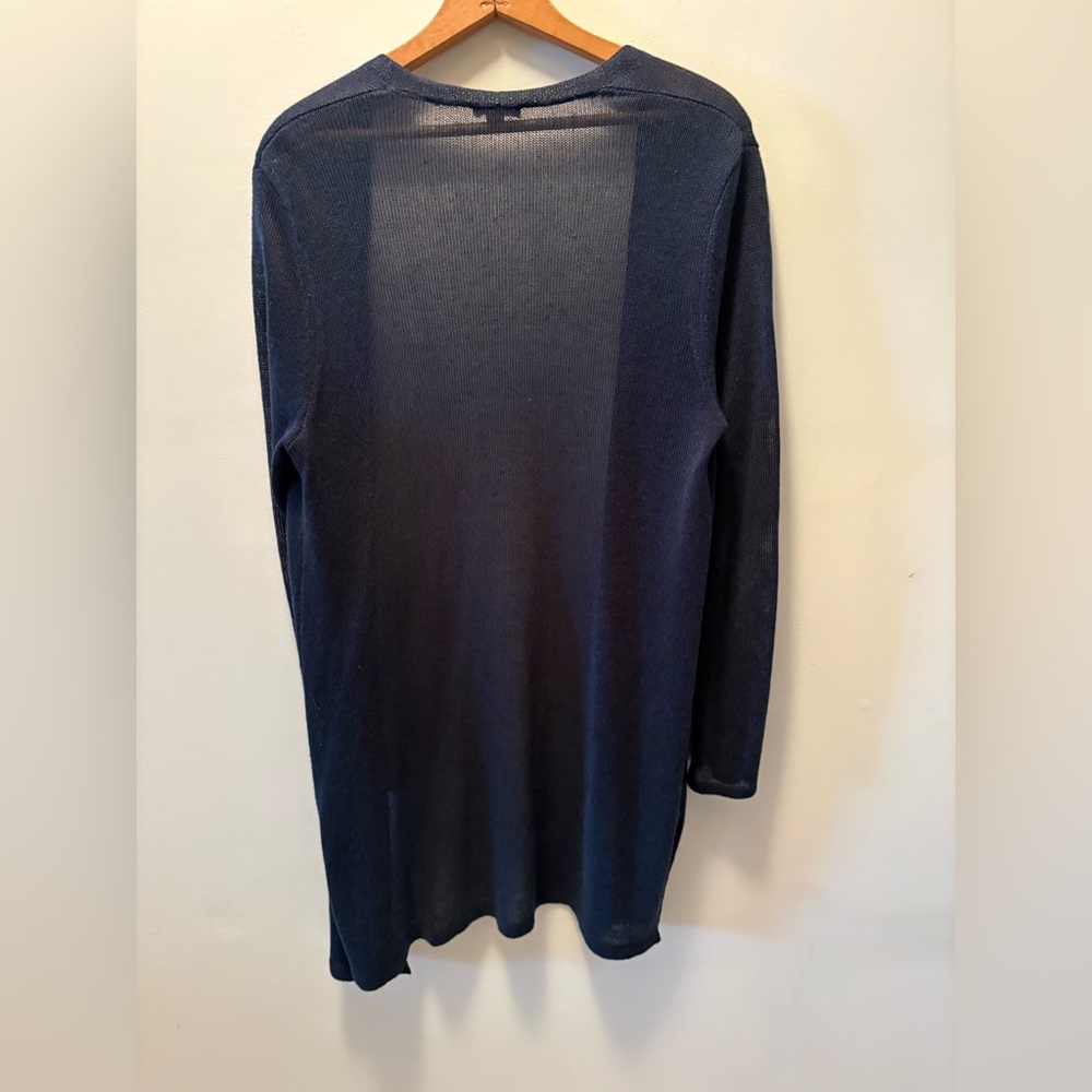 J Jill Navy Long Sleeve Knit Open Light Sweater Sz Medium Knee Length w/Slits